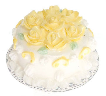 Dollhouse Miniature White Cake  W/Yellow Roses, 2Pc